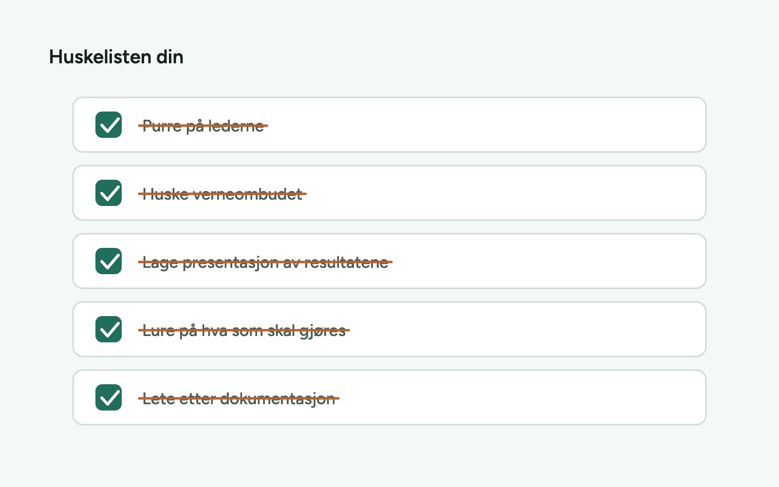 En huskeliste med fem punkter. Hvert punkt har en grønn hake, og teksten er strøket over: purre på lederne, huske verneombudet, lage presentasjon, lure på tiltak og lete etter dokumentasjon.